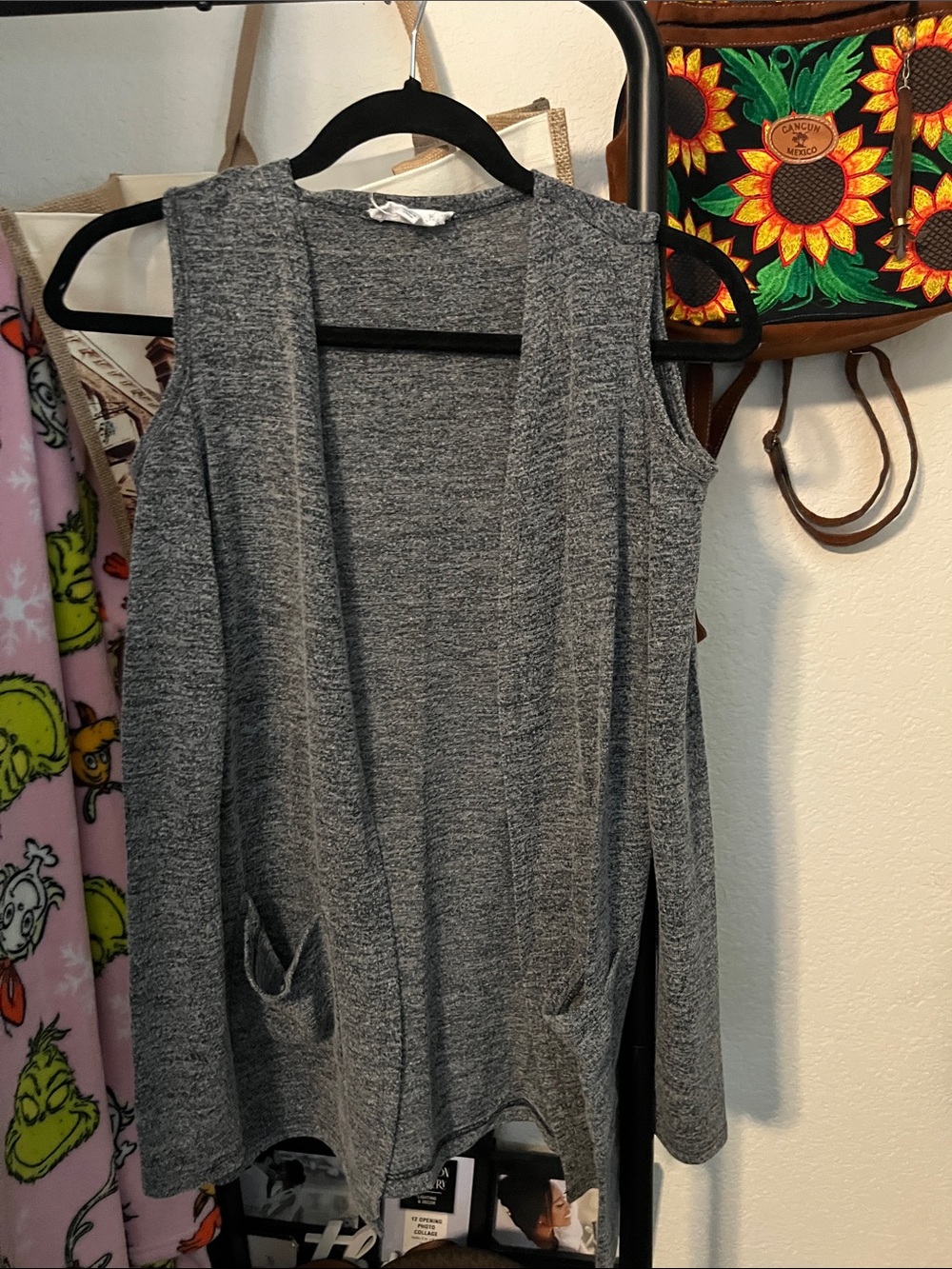 Sleeveless Open-Front Gray Knit Sweater Vest